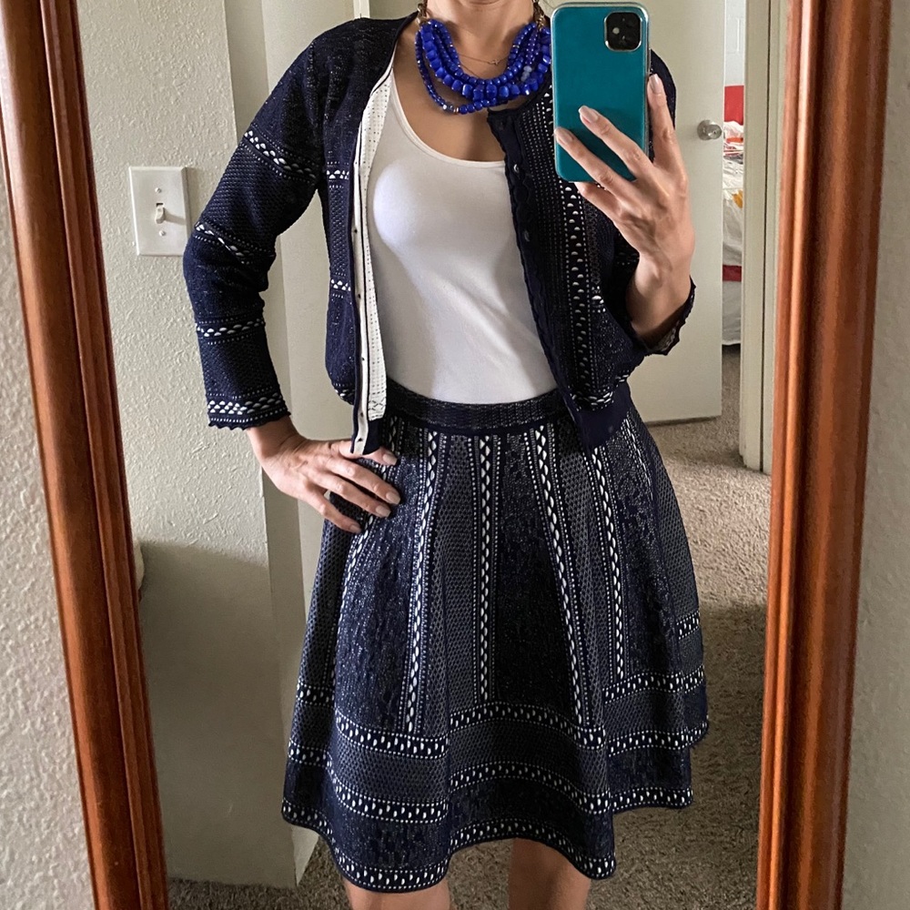 Navy blue lace crochet skirt suit